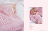A double-page image showing a pink texture theme. The left side displays a knitted pink blanket with a doll peeking out. The right side has a baby in a pink cardigan lying on a quilt with a calm expression.