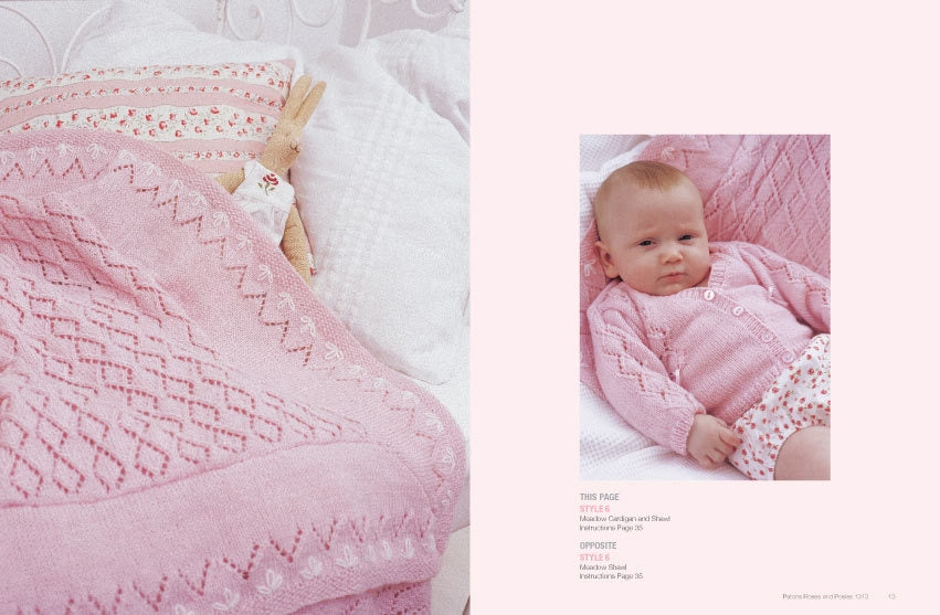 A double-page image showing a pink texture theme. The left side displays a knitted pink blanket with a doll peeking out. The right side has a baby in a pink cardigan lying on a quilt with a calm expression.