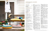 A cozy patio scene features a wooden bench with yellow cushions and a colorful geometric pillow. Two crocheted ottomans and potted plants add vibrant accents. A white dress hangs on a door, setting a relaxed, inviting tone. Text on the right reads "Ottoman Cover" with crafting instructions.