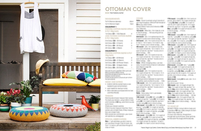 A cozy patio scene features a wooden bench with yellow cushions and a colorful geometric pillow. Two crocheted ottomans and potted plants add vibrant accents. A white dress hangs on a door, setting a relaxed, inviting tone. Text on the right reads "Ottoman Cover" with crafting instructions.