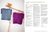 Two crocheted tops, one blue with a white square pattern and one solid purple, hang on a branch. A squirrel ornament is perched above. Text describes a crochet pattern.
