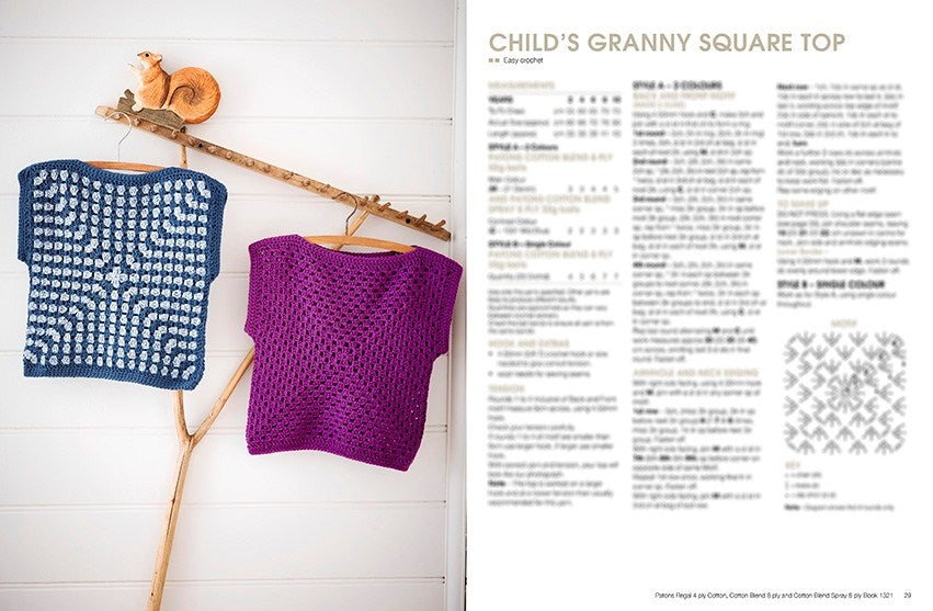 Two crocheted tops, one blue with a white square pattern and one solid purple, hang on a branch. A squirrel ornament is perched above. Text describes a crochet pattern.