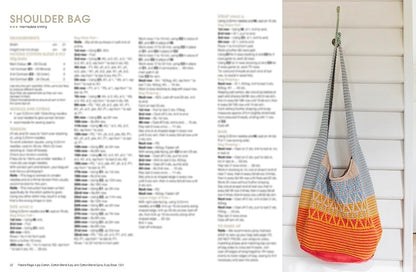 A page from a crafting book titled "Shoulder Bag" with knitting instructions on the left and a colorful knitted bag hanging on a white wall on the right.
