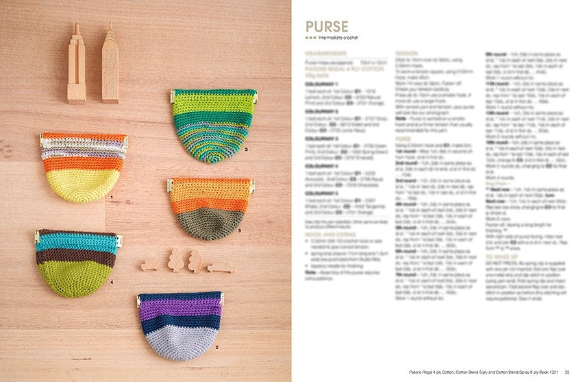 Five colorful crocheted purses arranged vertically on a wooden surface. A blurred text page on the right provides intermediate crochet instructions.