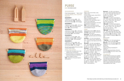 Five colorful crocheted purses arranged vertically on a wooden surface. A blurred text page on the right provides intermediate crochet instructions.