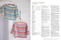 Two colorful, crocheted child's jumpers hang on wooden hangers against a white wall. A crochet pattern with text fills the right side of the image.