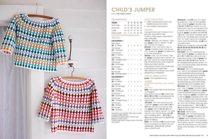 Two colorful, crocheted child's jumpers hang on wooden hangers against a white wall. A crochet pattern with text fills the right side of the image.