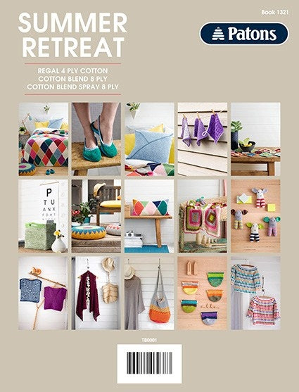 Cover of a Patons book titled 'Summer Retreat' showcasing various colorful knitted and crocheted items like cushions, baskets, and clothing in a grid layout.