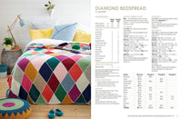 Colorful diamond-patterned bedspread covers a bed with blue, white, and yellow pillows. Wooden floor, lamp, and plants create a cozy, vibrant room ambiance. Crochet pattern text displayed on the right.