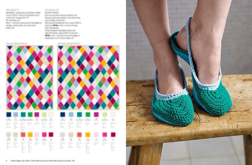 Close-up of feet wearing turquoise crocheted slippers with white trim, resting on a wooden stool. To the left, colorful yarn color patterns are shown. Vibrant and cozy.