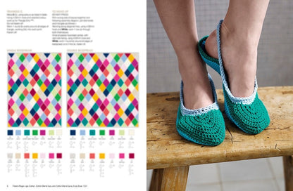 Close-up of feet wearing turquoise crocheted slippers with white trim, resting on a wooden stool. To the left, colorful yarn color patterns are shown. Vibrant and cozy.