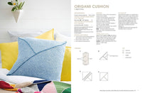 A blue origami-style cushion is on a bed with yellow, white pillows. Below, colorful knit blankets. Right: text and diagrams for a knitting pattern. Cozy and creative.