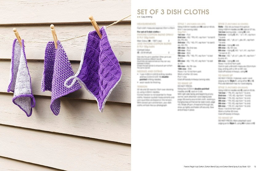 Three purple dishcloths with different textures hang on a clothesline with clothespins against a beige wooden wall. Text on the right describes the set.