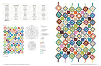 Crochet pattern diagram with a colorful grid of diamond-shaped motifs on the right. On the left, there's a color key, assembly guide, and stitch instructions.