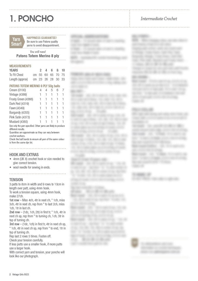 Crochet pattern page titled "Poncho" for intermediate level. Includes measurements, yarn details, hook size, and tension guidelines in a structured format.