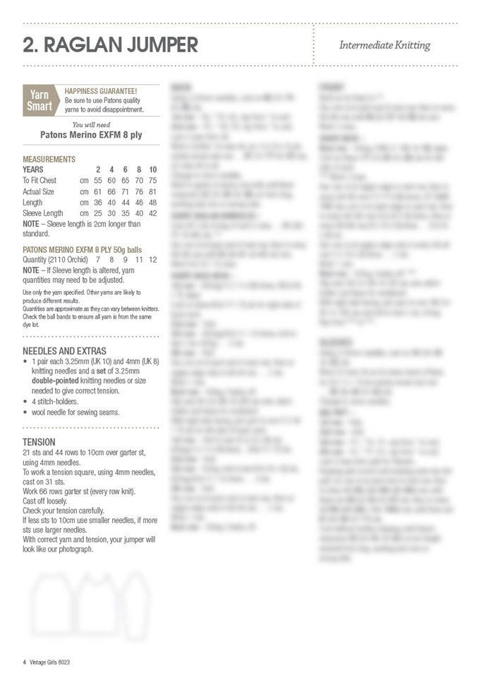 A knitting pattern page titled 'Raglan Jumper' meant for intermediate knitters. Includes yarn recommendations, measurements for various sizes, and a list of necessary tools. The text outlines instructions and tips, placing emphasis on the importance of using the correct tension. The background shows partially blurred lines of text, suggesting detailed step-by-step instructions.