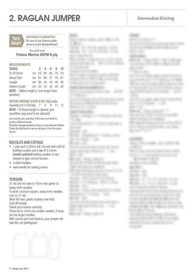 A knitting pattern page titled 'Raglan Jumper' meant for intermediate knitters. Includes yarn recommendations, measurements for various sizes, and a list of necessary tools. The text outlines instructions and tips, placing emphasis on the importance of using the correct tension. The background shows partially blurred lines of text, suggesting detailed step-by-step instructions.
