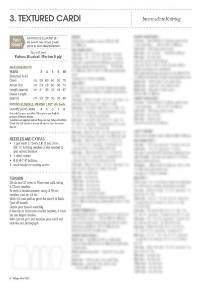 Knitting pattern page titled 'Textured Cardi' with intermediate knitting instructions. Highlights include yarn type, measurements, needles, and tension guidelines for Patons Bluebell Merino 5 ply. A list of additional materials and detailed knitting steps are blurred in the background.