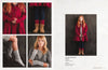 A red-haired woman and a girl in a red coat pose against a wooden backdrop. Close-ups show knitwear details—mittens, socks, boots, and gray gloves. Cozy and chic.