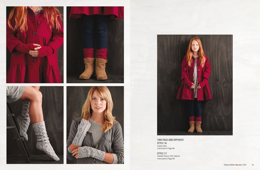 A red-haired woman and a girl in a red coat pose against a wooden backdrop. Close-ups show knitwear details—mittens, socks, boots, and gray gloves. Cozy and chic.