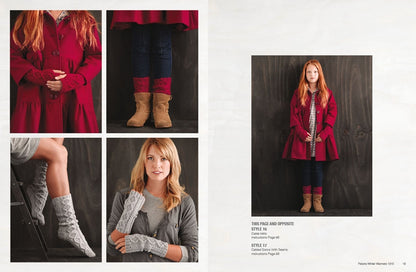 A red-haired woman and a girl in a red coat pose against a wooden backdrop. Close-ups show knitwear details—mittens, socks, boots, and gray gloves. Cozy and chic.