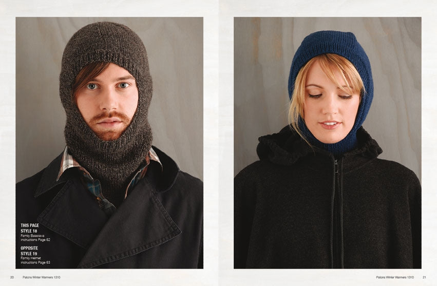 Split image of a man and a woman wearing knitted headgear. The man on the left wears a brown balaclava with a coat, looking forward. The woman on the right wears a blue knit hood with a black jacket, eyes closed and smiling slightly. Cozy, warm winter fashion.