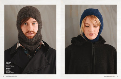 Split image of a man and a woman wearing knitted headgear. The man on the left wears a brown balaclava with a coat, looking forward. The woman on the right wears a blue knit hood with a black jacket, eyes closed and smiling slightly. Cozy, warm winter fashion.