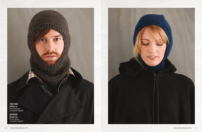 Split image of a man and a woman wearing knitted headgear. The man on the left wears a brown balaclava with a coat, looking forward. The woman on the right wears a blue knit hood with a black jacket, eyes closed and smiling slightly. Cozy, warm winter fashion.