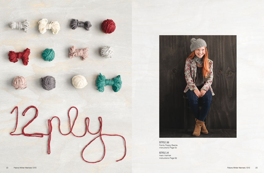 Various yarn balls and "12 ply" written in red yarn are on the left. A smiling person in a knitted hat and floral jacket sits on the right. Cozy and creative feel.