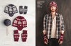 Left side displays knitted hats, mittens, and yarn in red and blue with snowflake patterns. Right side shows a person in plaid shirt wearing similar knitwear. Cozy and warm vibe.