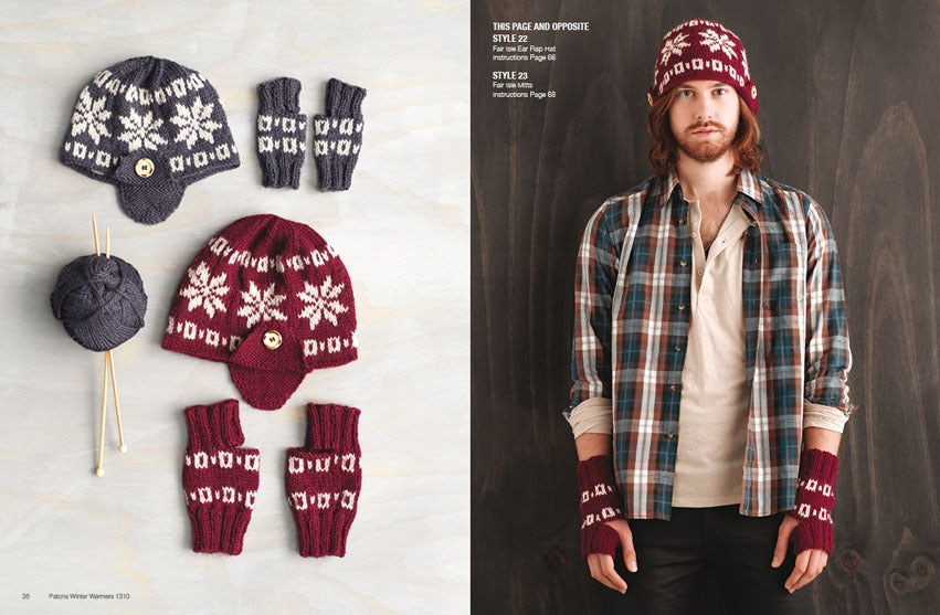 Left side displays knitted hats, mittens, and yarn in red and blue with snowflake patterns. Right side shows a person in plaid shirt wearing similar knitwear. Cozy and warm vibe.