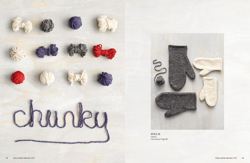 Balls of yarn in red, purple, gray, and cream arranged with a purple yarn spelling "chunky" on the left. Right shows gray and cream knit mittens.