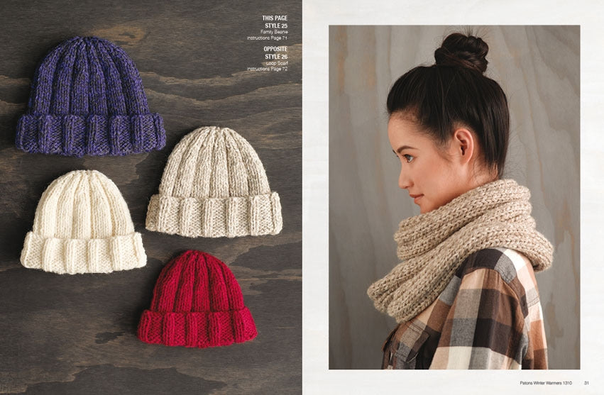 Four knitted hats in purple, cream, and red on a wooden surface. Right side shows a woman in profile wearing a beige scarf and plaid shirt. Cozy and warm tone.