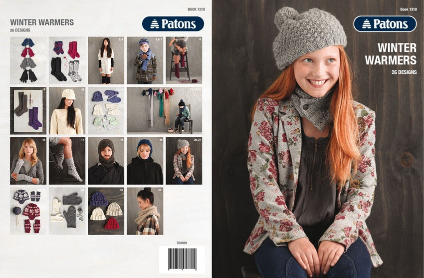 A smiling girl with long red hair wears a gray knit hat and scarf, and a floral jacket. The cover promotes Patons' "Winter Warmers" knitting book.