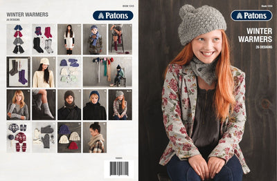 A smiling girl with long red hair wears a gray knit hat and scarf, and a floral jacket. The cover promotes Patons' "Winter Warmers" knitting book.