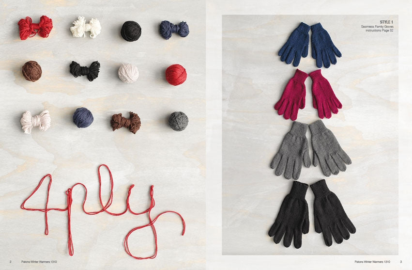 Coloured yarn balls and skeins on left with "4ply" written in red yarn. Right displays pairs of gloves in blue, red, gray, and black. Cozy and creative.