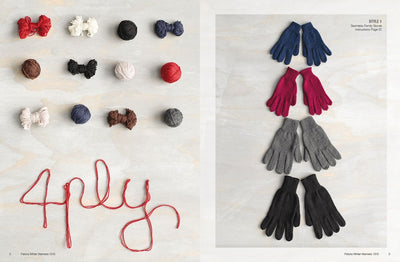 Coloured yarn balls and skeins on left with "4ply" written in red yarn. Right displays pairs of gloves in blue, red, gray, and black. Cozy and creative.