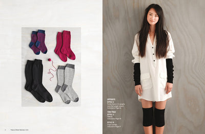 Half of the image shows five pairs of socks in various colors and patterns. The other half features a woman in a white shirt dress with black arm warmers and leg warmers, standing against a wooden backdrop. The mood is stylish and cozy.