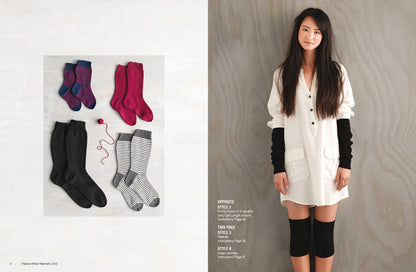 Half of the image shows five pairs of socks in various colors and patterns. The other half features a woman in a white shirt dress with black arm warmers and leg warmers, standing against a wooden backdrop. The mood is stylish and cozy.