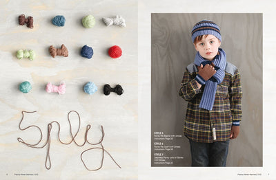 Colourful yarn balls are arranged on the left, spelling "Spilly" with brown yarn. On the right, a child wears a knitted hat, scarf, and gloves, looking cozy.