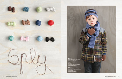 Colourful yarn balls are arranged on the left, spelling "Spilly" with brown yarn. On the right, a child wears a knitted hat, scarf, and gloves, looking cozy.