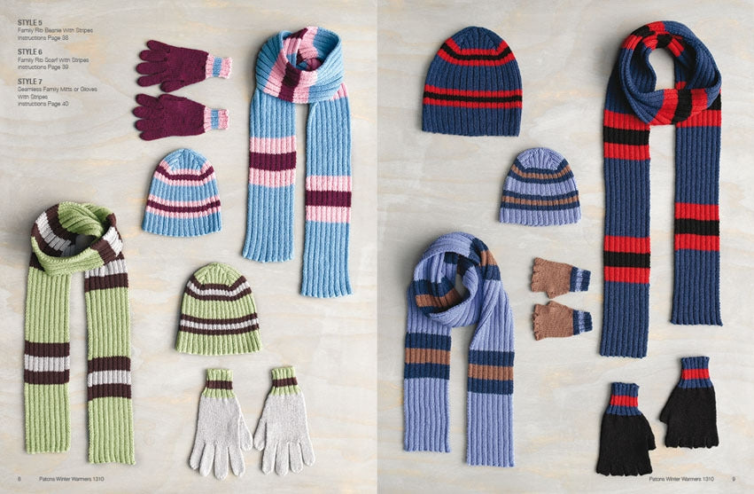 Colourful knit winter accessories on a beige background. Left: pink, green, and blue striped sets. Right: red, blue, and brown striped sets. Cozy and vibrant.