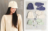 A woman in a cream knit sweater and hat looks down, serene. Beside her, neatly arranged knit hats and mittens in cream, lavender, and mint. Cozy winter theme.
