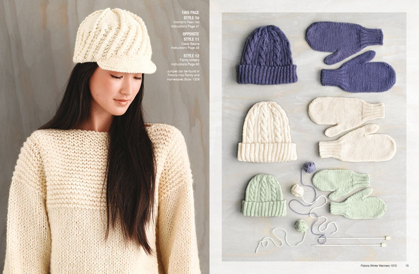 A woman in a cream knit sweater and hat looks down, serene. Beside her, neatly arranged knit hats and mittens in cream, lavender, and mint. Cozy winter theme.