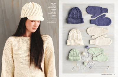 A woman in a cream knit sweater and hat looks down, serene. Beside her, neatly arranged knit hats and mittens in cream, lavender, and mint. Cozy winter theme.