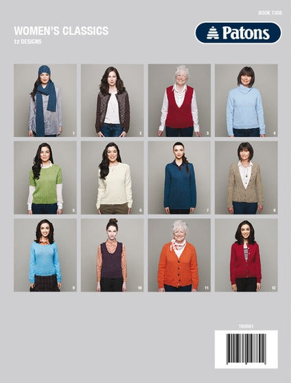 Grid of twelve women modeling various sweaters in different colors and styles from Patons' 'Women's Classics.' Neutral background, diverse designs.