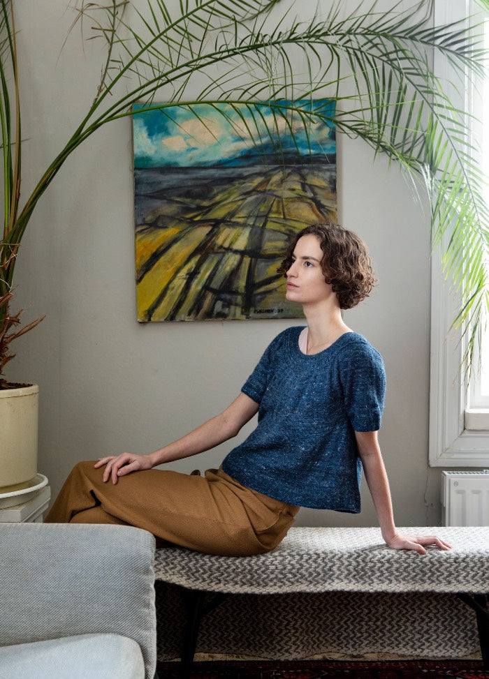 Franzidinho Top: blue knit top worn with brown pants, photographed seated indoors near a large plant and abstract artwork.