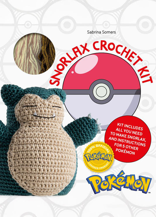 Cover of the "Snorlax Crochet Kit" by Sabrina Somers, featuring a crocheted Snorlax plush toy, a Poké Ball graphic, and text stating the kit includes materials to make Snorlax and instructions for five other Pokémon. Official Pokémon licensed product seal and logo are also visible.