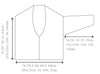 Line drawing of a V-neck cardigan with measurements. Height: 55-63 cm, width: 74-94 cm, sleeve length: 34-35 cm. Minimal design for a knitting pattern.