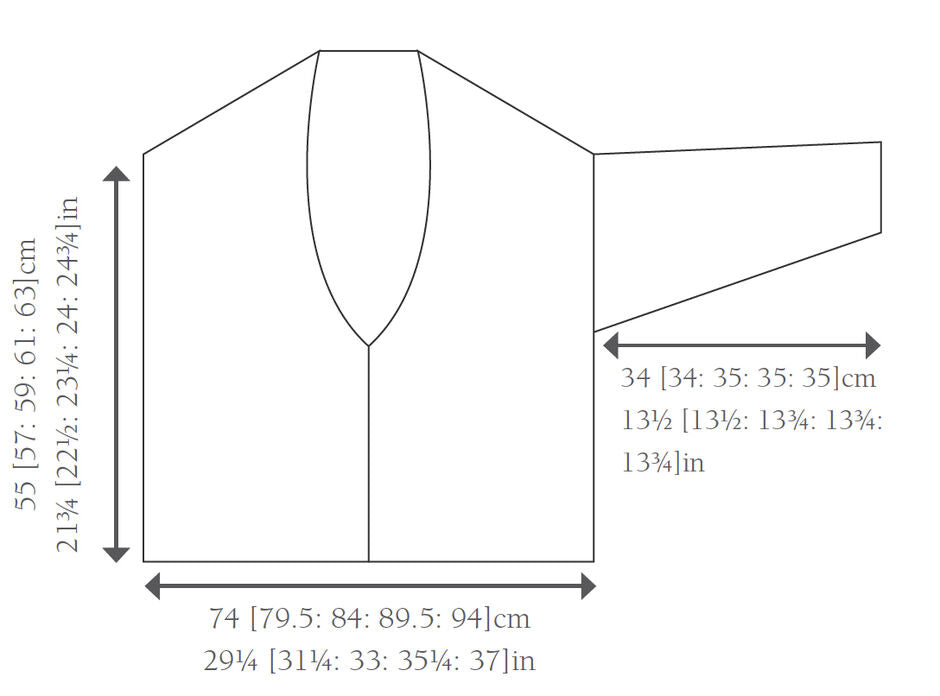Line drawing of a V-neck cardigan with measurements. Height: 55-63 cm, width: 74-94 cm, sleeve length: 34-35 cm. Minimal design for a knitting pattern.